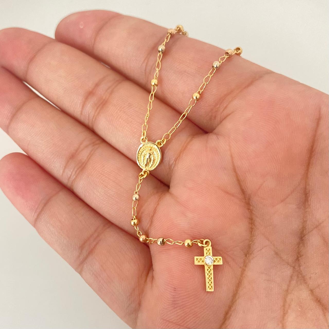 Rosario virgen milagrosa cruz punto circon Tres oros 18k 4,10 Gr / 2,3 mm / 50 Cm Broche 0,30
